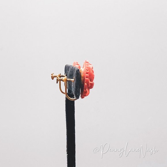 Vintage Etched Red Rose Stud Clip On Earrings - Picture 3 of 7